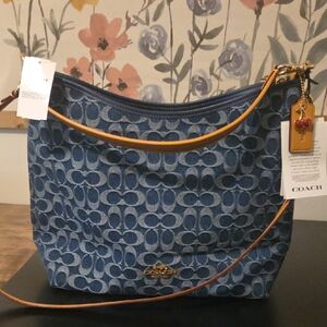 Coach Blue and Tan Shoulder Bag with Signature Monogram